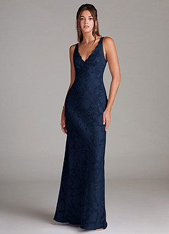 Azazie Tianna Bridesmaid Dresses Dark Navy Sheath Lace Floral Burnout Dress image1