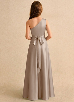 Azazie Puddles Girls Formal Flower Girl Dresses Taupe A-Line One Shoulder Stretch Satin Dress image2