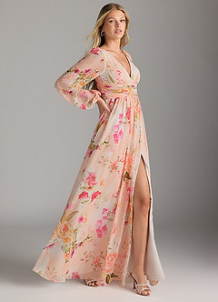 Azazie Norah Bridesmaid Dresses Abstract Bouquet Floral A-Line V-Neck Long Sleeve Chiffon Dress image3