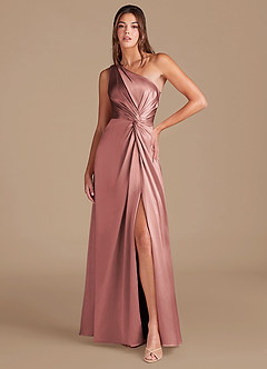 Azazie Brooke Bridesmaid Dresses Dusty Rose A-Line One Shoulder Metallic Satin Dress image1