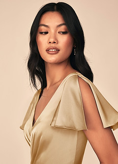 Azazie Soren Bridesmaid Dresses Gold A-Line Pleated Stretch Satin Dress image6