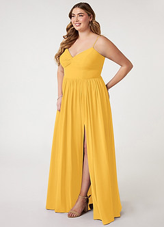 Azazie Zeya Bridesmaid Dresses Marigold A-Line V-Neck Pleated Chiffon Dress image8