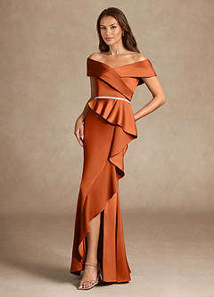 Azazie Dareia Mother of the Bride Dresses Burnt Orange Mermaid Off the Shoulder Stretch Satin Dress image2