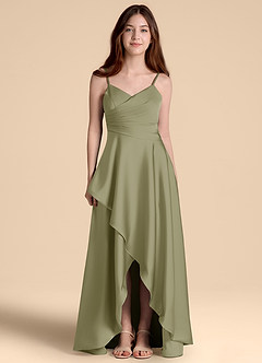 Azazie Prisha Junior Vestido de Pistacho de Satén Elástico de Corte en A con Plisado image5