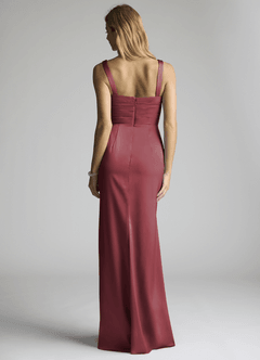Azazie Elida Bridesmaid Dresses Merlot Sheath Pleated Stretch Satin Dress image4