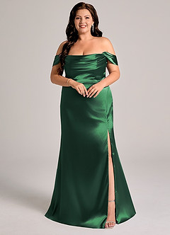 Azazie Saige Bridesmaid Dresses Dark Green Sheath Off the Shoulder Metallic Satin Convertible Dress image9