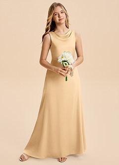 Azazie Kiki Junior Gold A-Line Bow Stretch Satin Dress image3