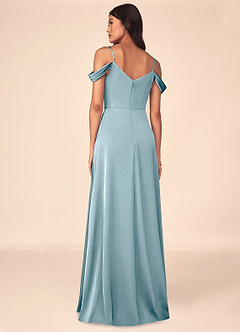 Azazie Ocean Bridesmaid Dresses Moody Blue A-Line V-Neck Pleated Stretch Satin Dress image2