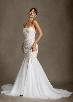 Azazie Harmony Wedding Dresses Diamond White Champagne Mermaid Strapless Tulle Dress image9