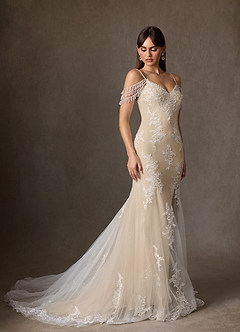 Azazie Saskia Vestidos de novia Vestido de Blanco Diamante Champán de Tul de Corte Sirena con Lentejuela image4