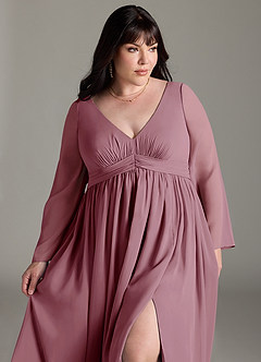 Azazie Teton Maternity Bridesmaid Dresses A-Line Long Sleeve Chiffon Floor-Length Dress image12
