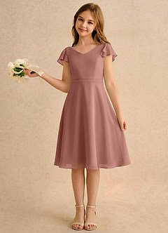 Azazie Narin Girls Formal Flower Girl Dresses Cedar Rose A-Line with Sleeves Chiffon Dress image1