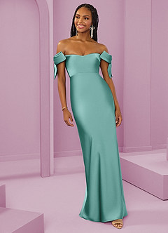 Barbie ♥ Azazie Bridesmaid Dresses Aqua Sheath Off the Shoulder Stretch Satin Convertible Dress image4