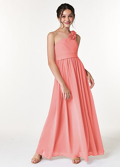 Azazie Flower Junior Coral A-Line Pleated Chiffon Dress image3