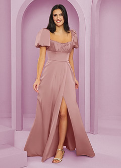 Barbie ♥ Azazie Bridesmaid Dresses Dusty Rose A-Line Ruched Stretch Satin Dress image1