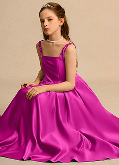 Azazie Mochi Girl Flower Girl Dresses Fuchsia Ball-Gown Pleated Matte Satin Dress image3