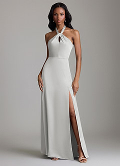 Azazie Tracie Vestidos de damas de honor Vestido de Plata de Satén Elástico de Corte en A con Corte Lateral image1