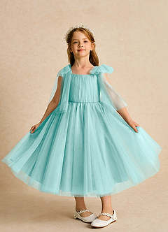 Azazie Dori Robe Demoiselle D'honneur Fillette Robe Trapèze en Tulle Rayé Aqua image6
