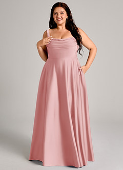 Azazie Shaude Bridesmaid Dresses Powder Pink A-Line Pleated Stretch Satin Dress image11