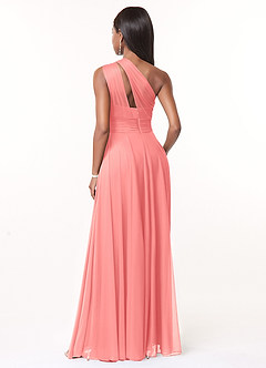 Azazie Charlize Bridesmaid Dresses Coral A-Line One Shoulder Mesh Dress image2