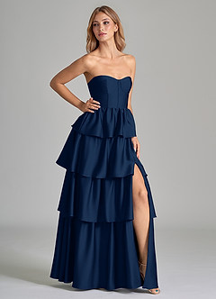 Azazie Faye Vestidos de damas de honor Vestido de Azul Marino Oscuro de Satén Elástico de Corte en A con Volante image1