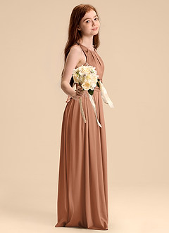 Azazie Bibiane Junior Abito A-Line in Raso Elasticizzato Plissettato Bronzo image5