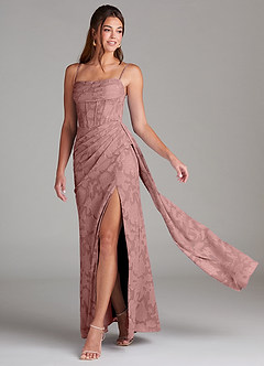 Azazie Denisa Bridesmaid Dresses Dusty Rose Sheath Pleated Floral Burnout Dress image1
