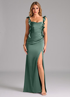 Azazie Jessamine Bridesmaid Dresses Eucalyptus A-Line Corset Stretch Satin Dress image3