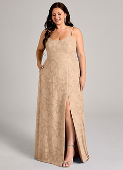 Azazie Moira Bridesmaid Dresses Champagne A-Line Side Slit Floral Burnout Dress image10