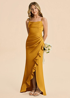 Azazie Mia Junior Robe Sirène en Satin extensible Plissé Caramel écossais image1