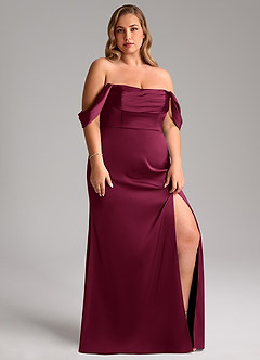 Azazie Saige Bridesmaid Dresses Burgundy Sheath Off the Shoulder Stretch Satin Dress image13