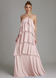 Azazie Deena Vestidos de damas de honor Vestido de Rosa Rubor de Gasa de Corte en A con Volante image4