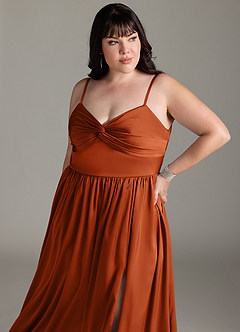 Azazie Zeya Vestidos de damas de honor Vestido de Naranja Quemada de Satén Elástico de Corte en A con Plisado image14
