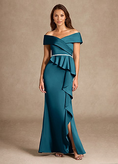 Azazie Dareia Mother of the Bride Dresses Ink Blue Mermaid Off the Shoulder Stretch Satin Dress image3