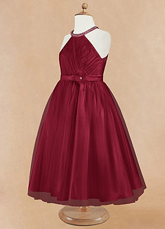 Azazie Honey Flower Girl Dresses Burgundy A-Line Beaded Matte Satin Dress image8