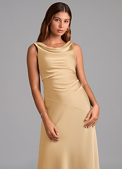 Azazie Nerine Jurken voor bruidsmeisjes Jurk van Stretch Satijn met A-Lijn Geplooid Goud image6