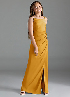 Azazie Leonis Junior Butterscotch A-Line Pleated Stretch Satin Dress image3