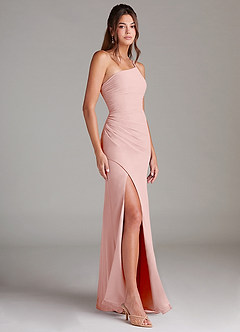 Azazie Eren Vestidos de damas de honor Vestido de Rosa Empolvado de Gasa de Corte Recto con Hombro unilateral image4