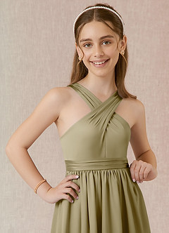 Azazie Jiya Junior A-Linie Plissee Stretch-Satin Kleid Moosgrün image4