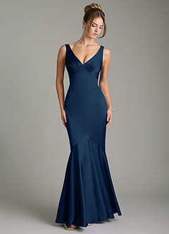 Azazie Alena Bridesmaid Dresses Dark Navy Mermaid Pleated Stretch Satin Dress image6