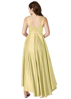 Azazie Inaya Junior Lemon Sorbet A-Line with Belt Stretch Satin Dress image2