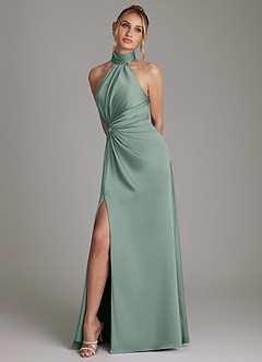 Azazie Gracelynn Bridesmaid Dresses Silver Sage Sheath Pleated Stretch Satin Dress image5