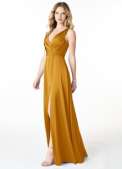 Azazie Nelly Brautjungfernkleider A-Linie Plissee mit V-Ausschnitt Stretch-Satin Kleid Butterscotch image3
