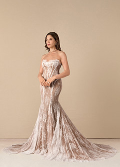 Azazie Katherine Wedding Dresses Diamond White Mocha Mermaid Off the Shoulder Tulle Dress image6