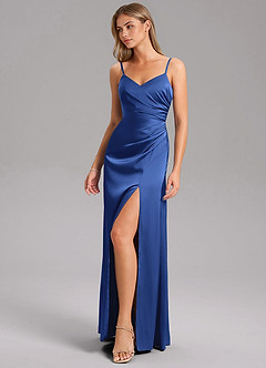 Azazie Azuree Bridesmaid Dresses Royal Blue A-Line Pleated Stretch Satin Dress image11