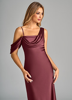Azazie Celina Bridesmaid Dresses Merlot Sheath Off the Shoulder Stretch Satin Dress image7