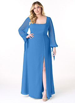 Azazie Leonia Bridesmaid Dresses Blue Jay A-Line Long Sleeve Chiffon Dress image8