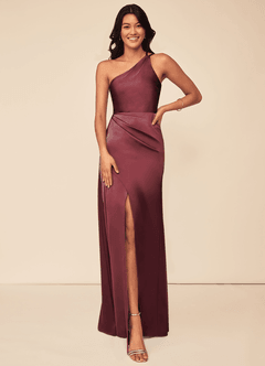Azazie Maron Bridesmaid Dresses Merlot A-Line One Shoulder Stretch Satin Dress image1