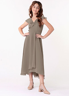 Azazie Posie Junior Taupe A-Line Ruched Chiffon Dress image4
