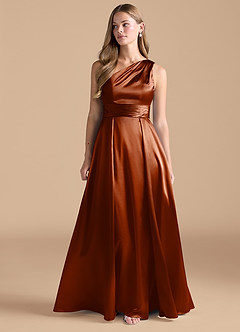 Azazie Dallas Bridesmaid Dresses Auburn A-Line One Shoulder Metallic Satin Dress image3